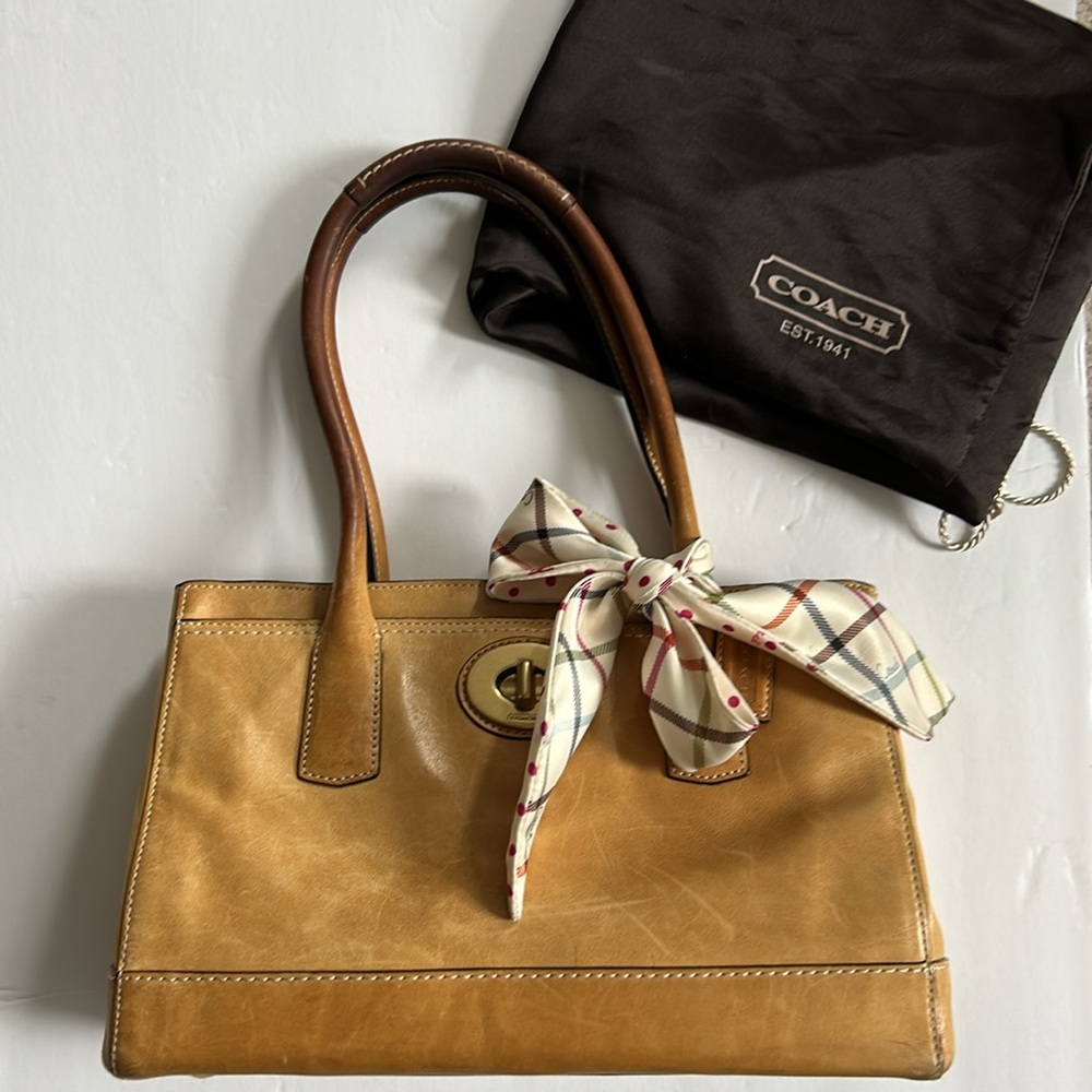Coach Brown Leather Satchel with Plaid Bow